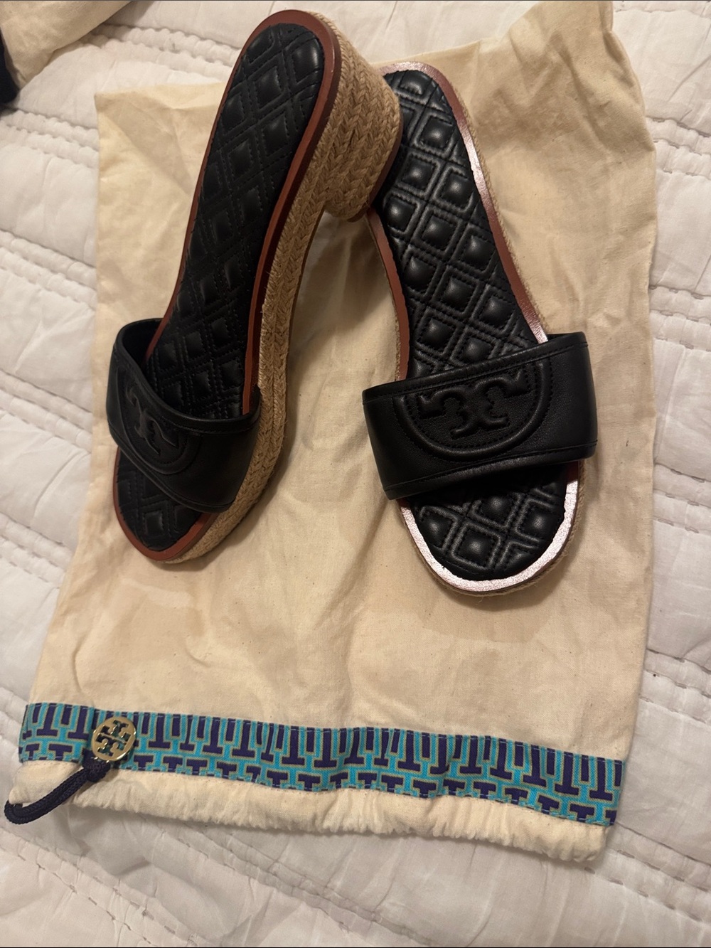 Tory Burch Black Quilted Leather Espadrille Slide Wedge with Jute Sole